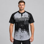 Custom Black Abstract Splatter Grunge Art Two Button Softball Jersey with Gray Lettering worn by male model