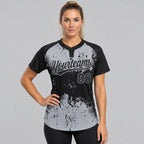 Custom Black Abstract Splatter Grunge Art Two Button Softball Jersey with Gray Lettering worn by female model