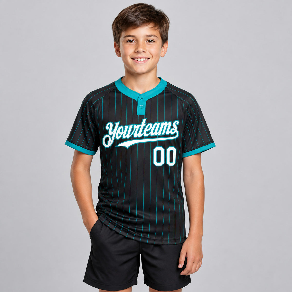 Custom Black Two Button Pinstripe Softball Jersey with Teal Lettering Design 0942 youth size worn by child model