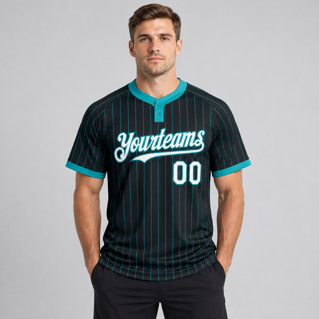 Custom Black Two Button Pinstripe Softball Jersey with Teal Lettering Design 0942 worn by male model