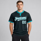 Custom Black Two Button Pinstripe Softball Jersey with Teal Lettering Design 0942 worn by male model