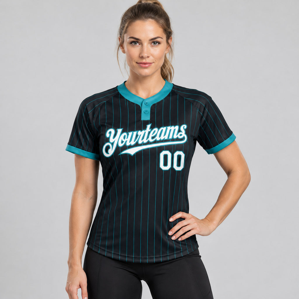 Custom Black Two Button Pinstripe Softball Jersey with Teal Lettering Design 0942 worn by female model