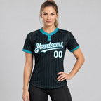 Custom Black Two Button Pinstripe Softball Jersey with Teal Lettering Design 0942 worn by female model