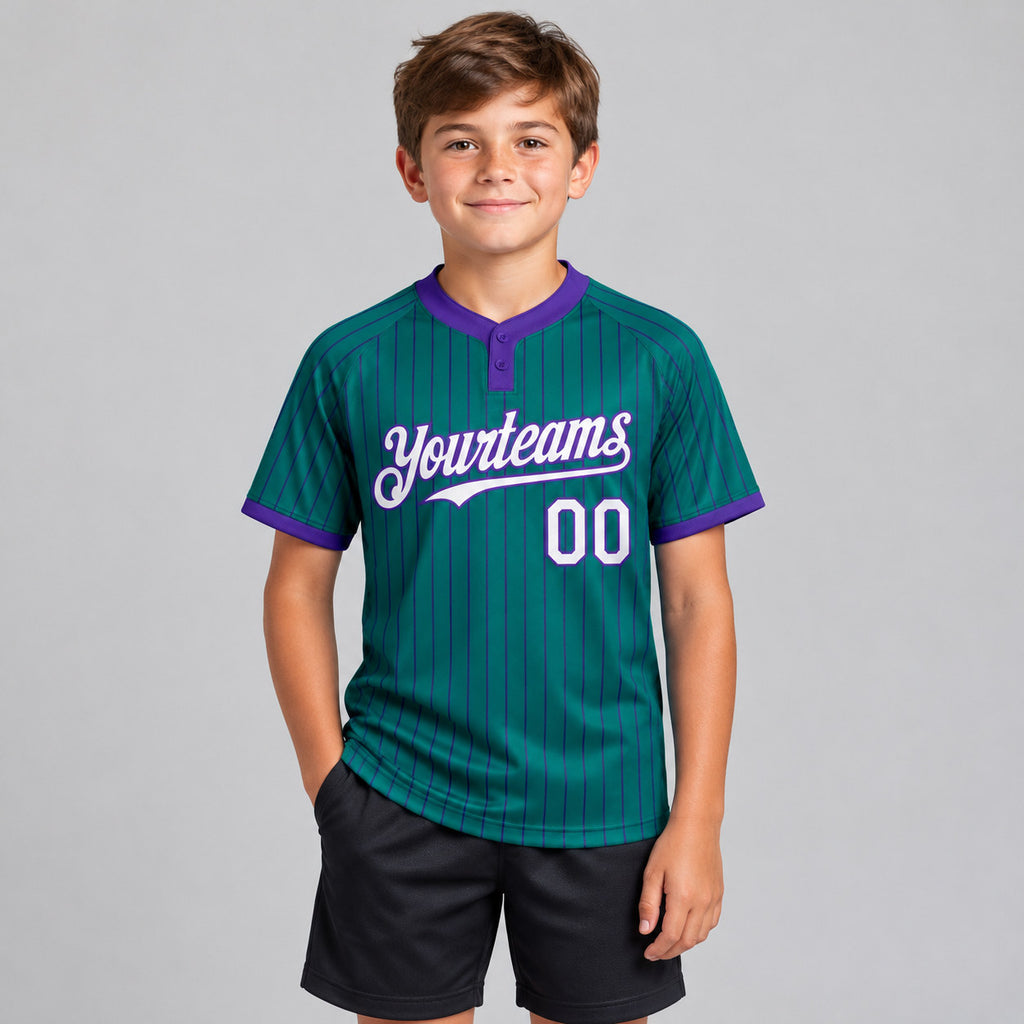 Custom Teal Two Button Pinstripe Softball Jersey with Purple Lettering youth size worn by child model