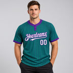 Custom Teal Two Button Pinstripe Softball Jersey with Purple Lettering worn by male model
