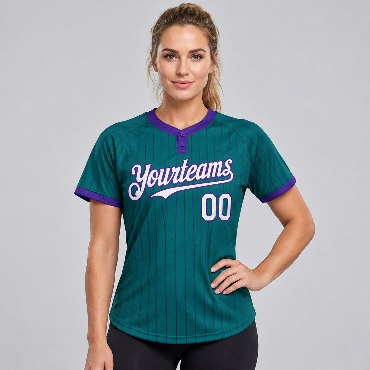 Custom Teal Two Button Pinstripe Softball Jersey with Purple Lettering worn by female model