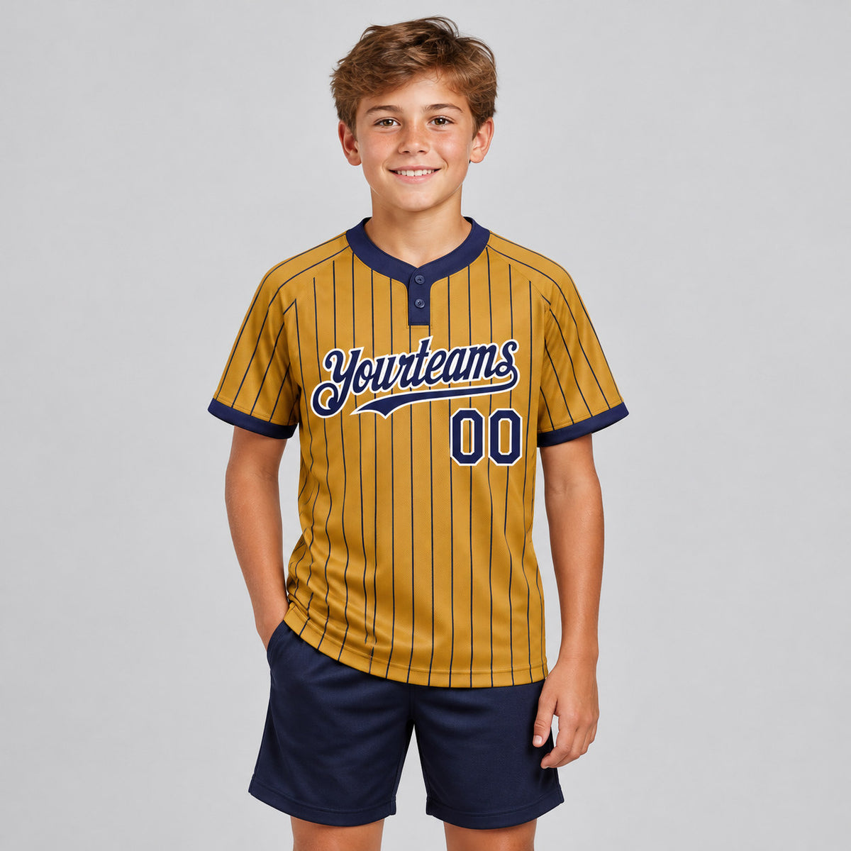Custom Old Gold Two Button Pinstripe Softball Jersey with Navy Lettering youth size worn by child model