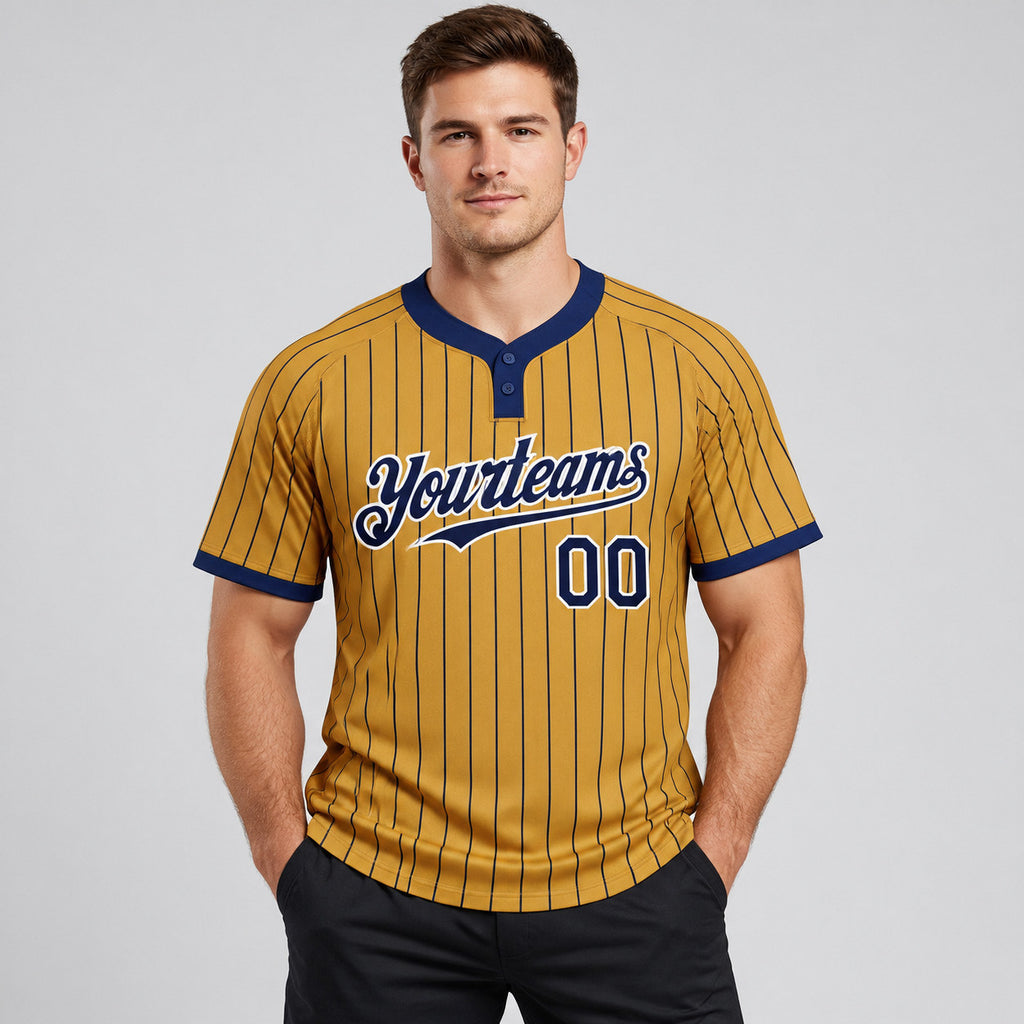 Custom Old Gold Two Button Pinstripe Softball Jersey with Navy Lettering worn by male model