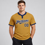 Custom Old Gold Two Button Pinstripe Softball Jersey with Navy Lettering worn by male model
