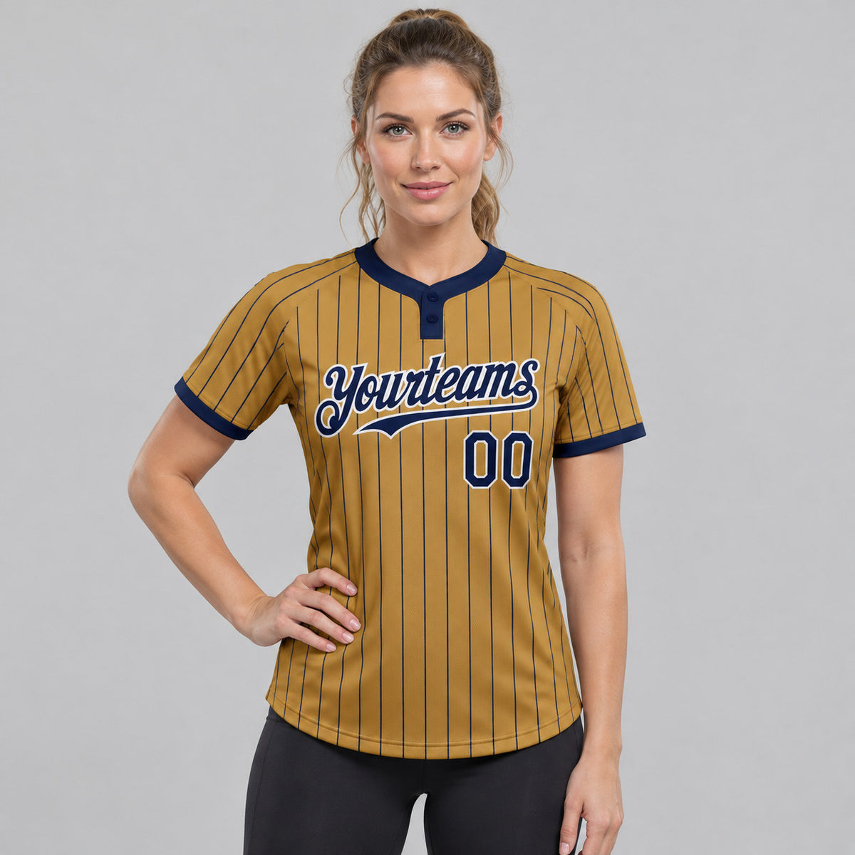 Custom Old Gold Two Button Pinstripe Softball Jersey with Navy Lettering worn by female model