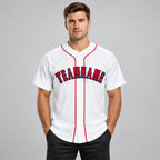 Custom White Baseball Jersey with Red and Navy Lettering Design 0001 worn by male model