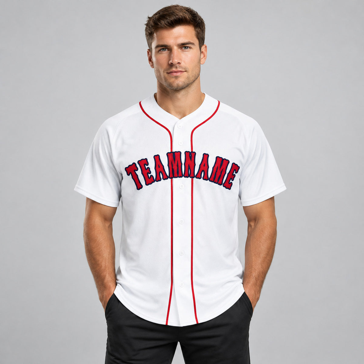 Custom White Baseball Jersey with Red and Navy Lettering Design 0001 worn by male model