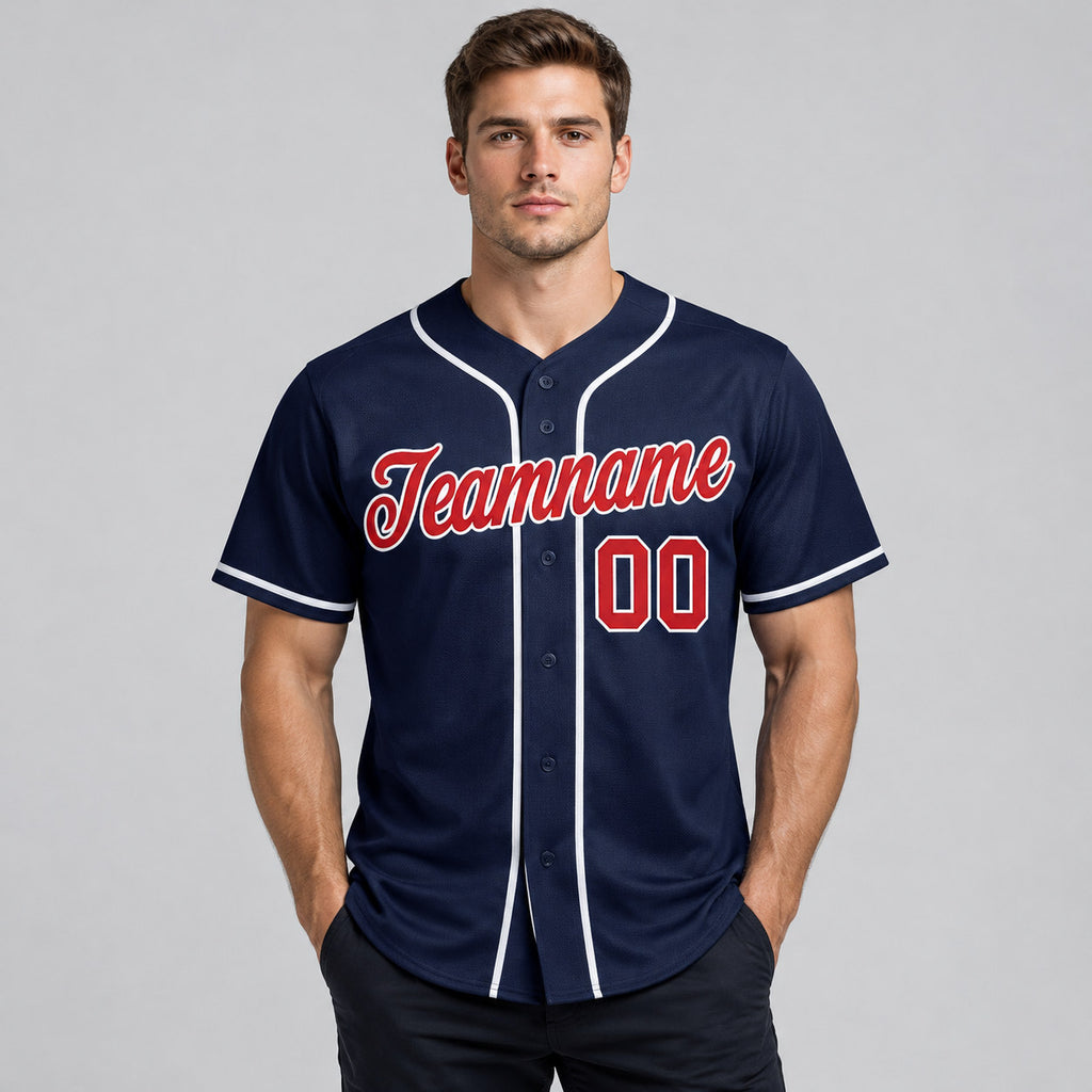 Custom Navy Baseball Jersey with Red and White Lettering Design 0115 worn by male model