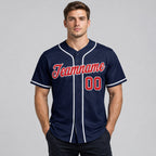 Custom Navy Baseball Jersey with Red and White Lettering Design 0115 worn by male model