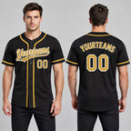 Custom Black Button Down Reversible Baseball Jersey with Old Gold and White Lettering worn by male model