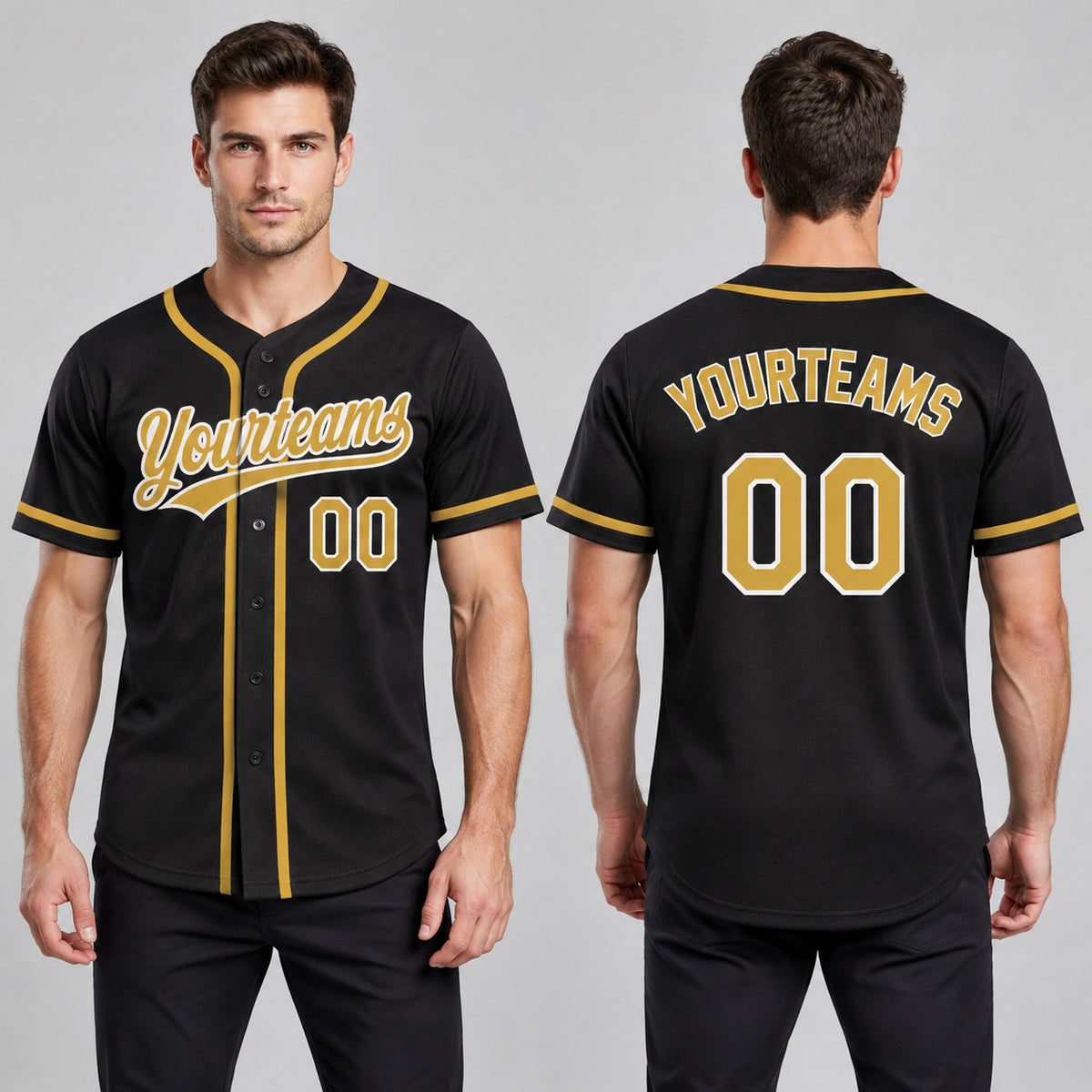 Custom Black Button Down Reversible Baseball Jersey with Old Gold and White Lettering worn by male model