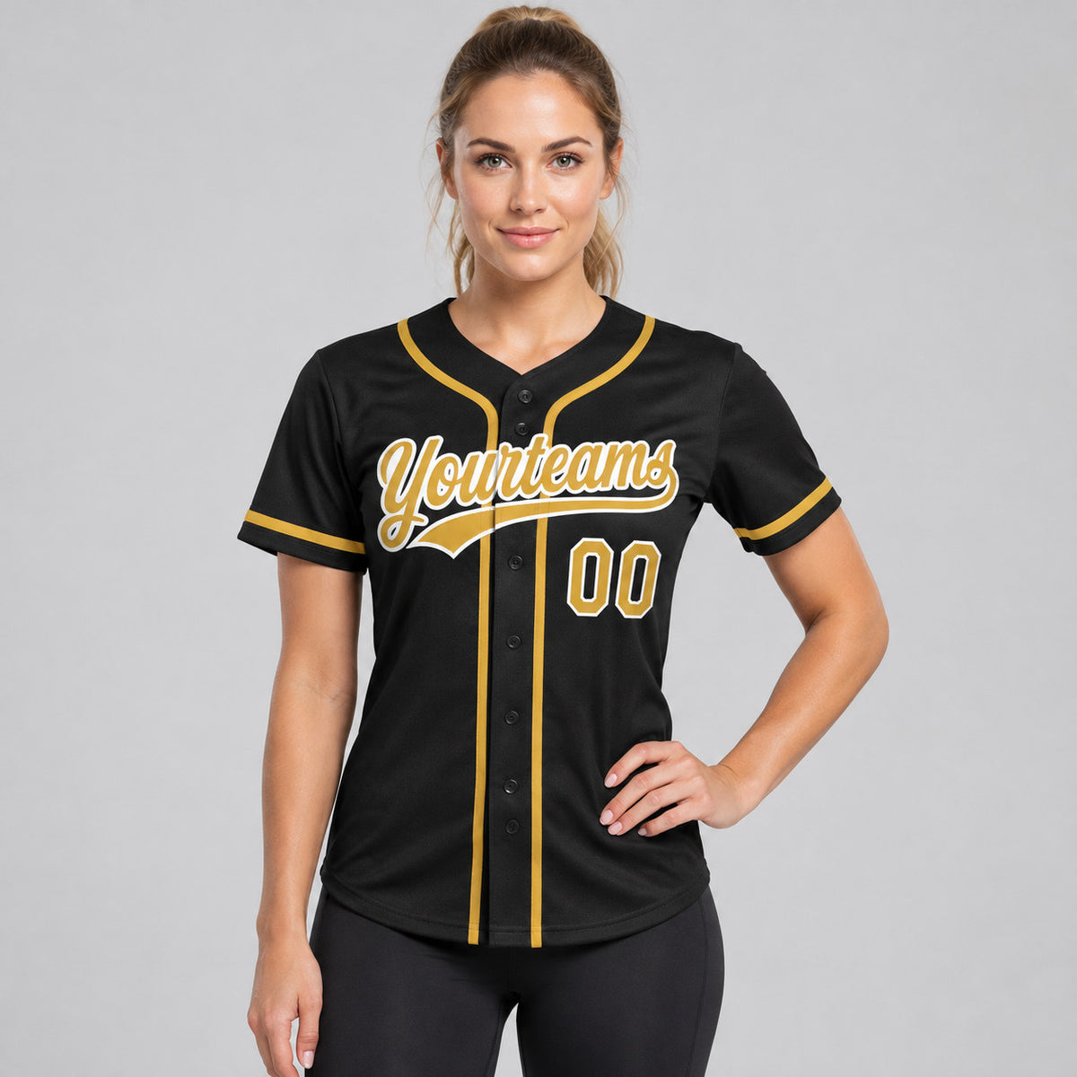 Custom Black Button Down Reversible Baseball Jersey with Old Gold and White Lettering worn by female model