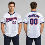 Custom Royal Button Down Pinstripe Reversible Baseball Jersey with White Lettering Design 0883 worn by male model
