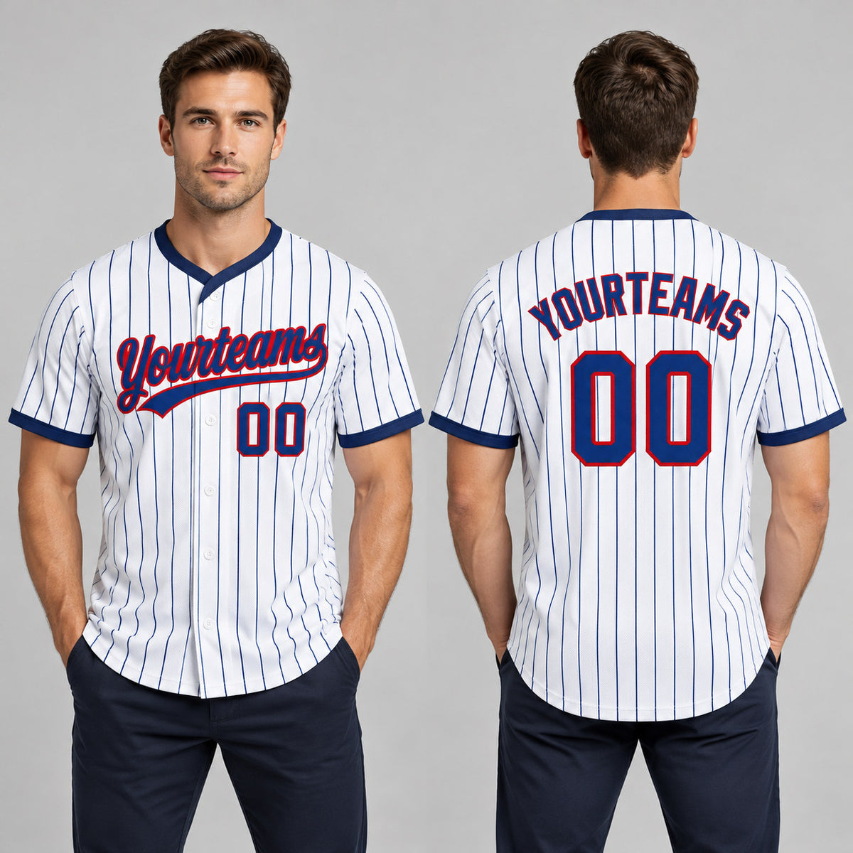 Custom Royal Button Down Pinstripe Reversible Baseball Jersey with White Lettering Design 0883 worn by male model