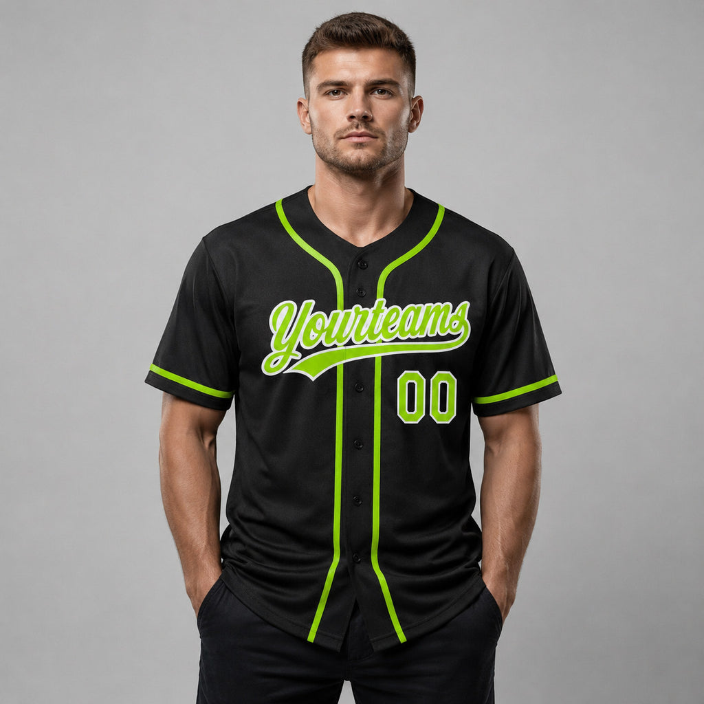 Custom Black Button Down Reversible Baseball Jersey with Neon Green and White Lettering Design 0819 worn by male model