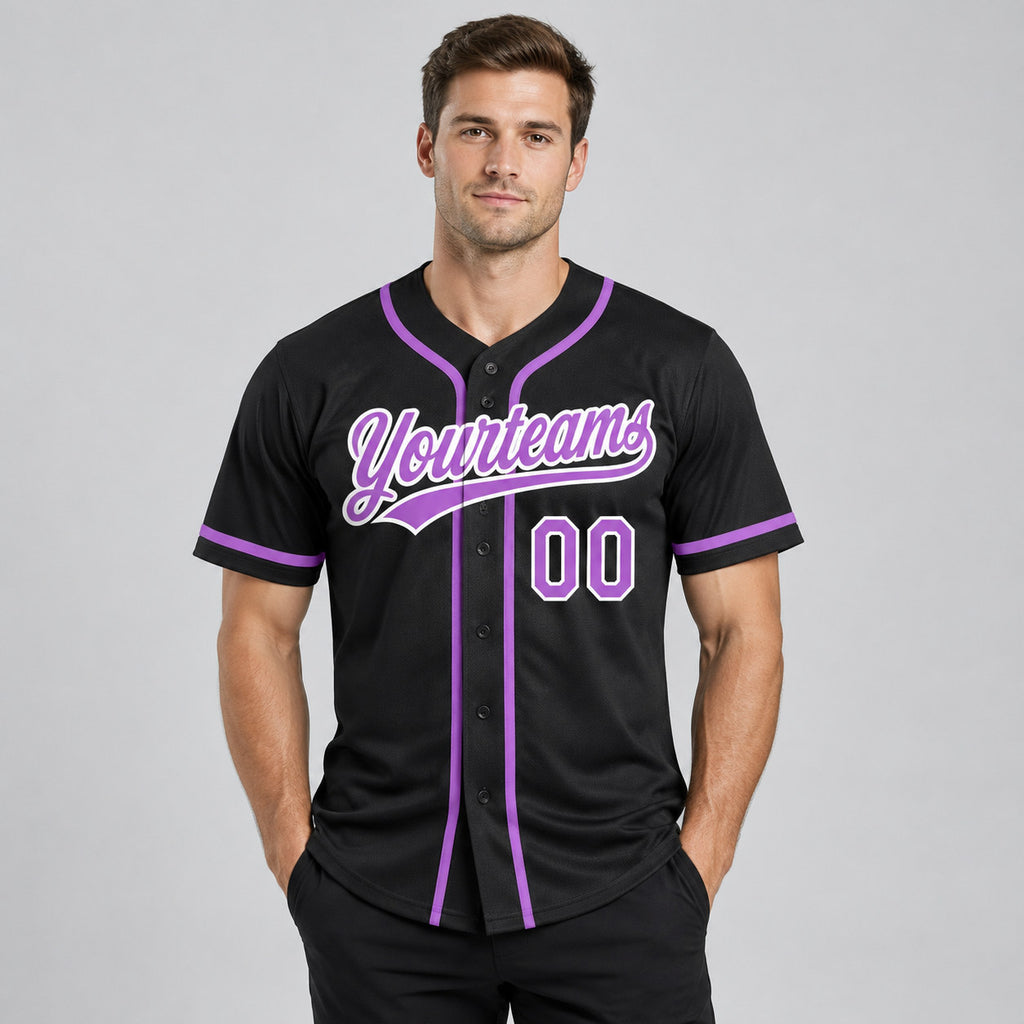Custom Black Button Down Reversible Baseball Jersey with Medium Purple and White Lettering worn by male model