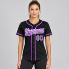 Custom Black Button Down Reversible Baseball Jersey with Medium Purple and White Lettering worn by female model