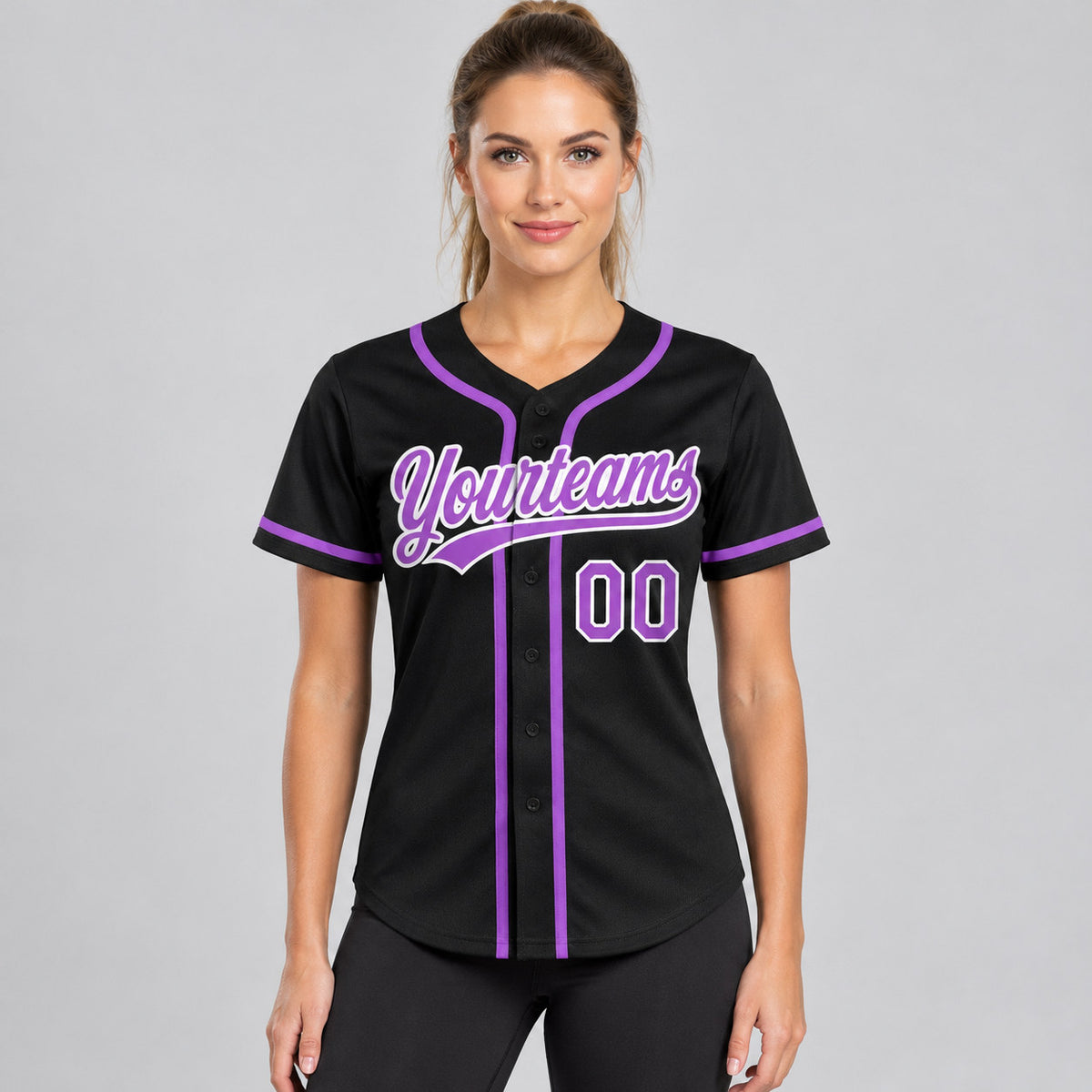 Custom Black Button Down Reversible Baseball Jersey with Medium Purple and White Lettering worn by female model