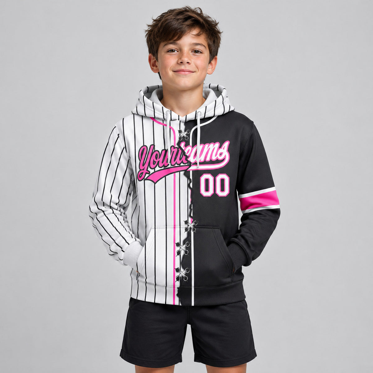 Custom White and Black Ripped Pinstripe Split Baseball Pullover Hoodie with Pink Lettering youth size worn by child model