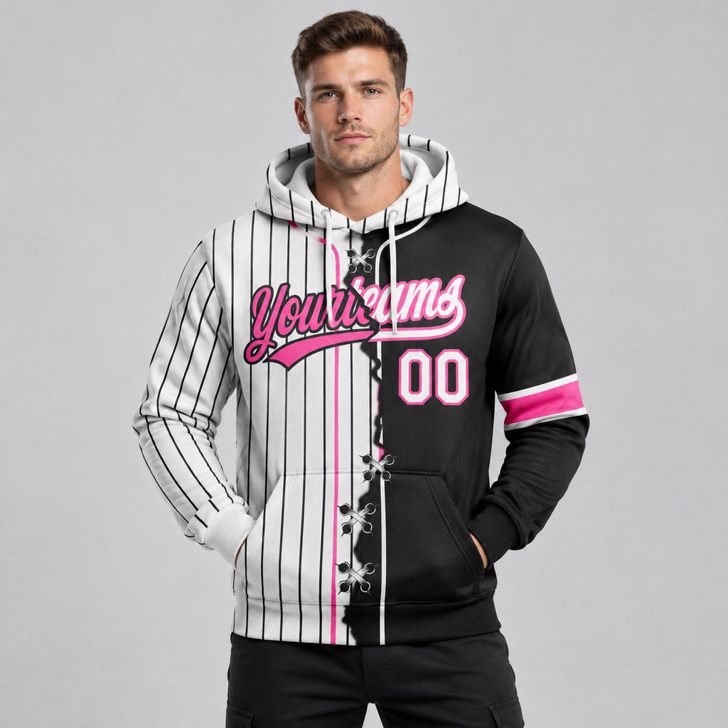 Custom White and Black Ripped Pinstripe Split Baseball Pullover Hoodie with Pink Lettering worn by male model
