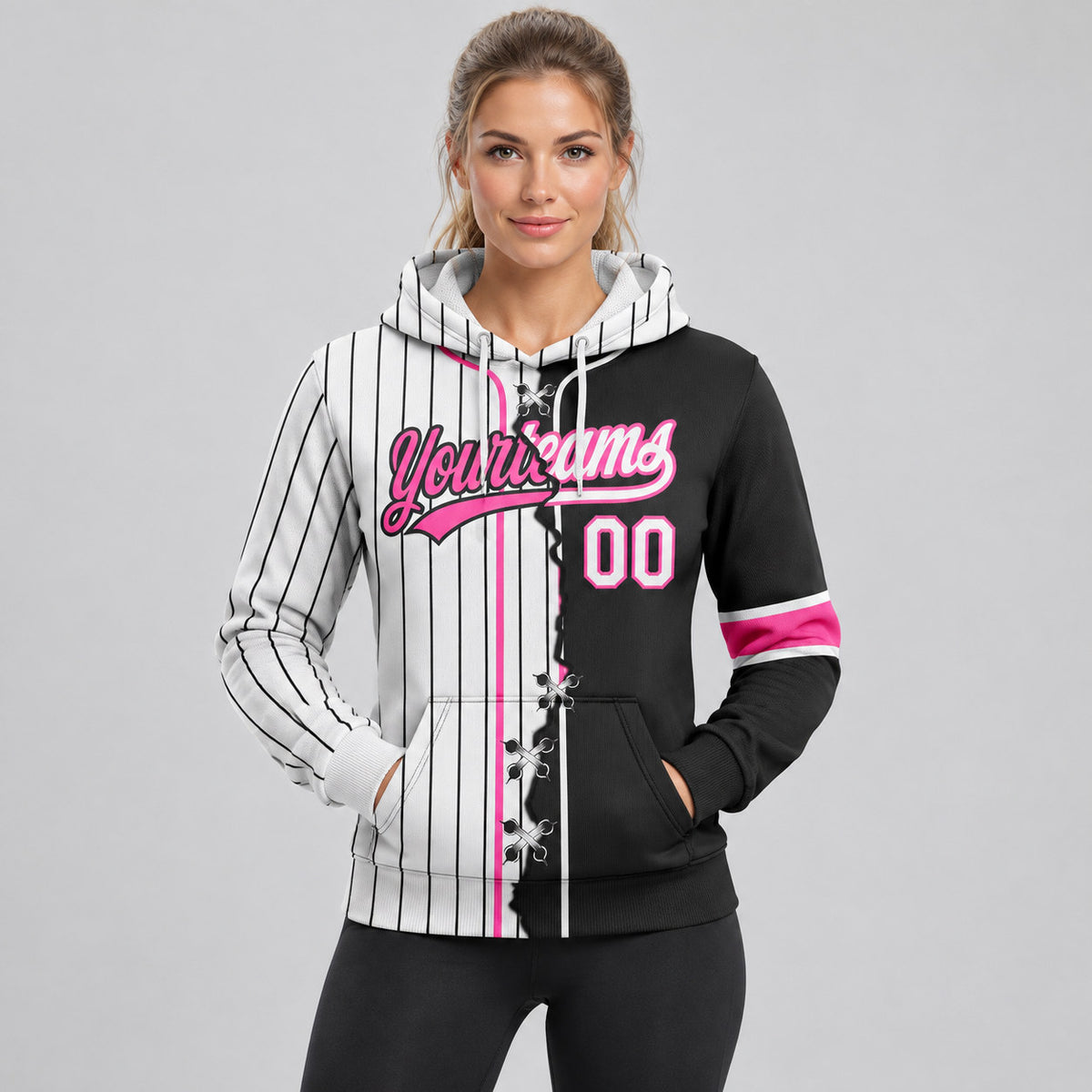 Custom White and Black Ripped Pinstripe Split Baseball Pullover Hoodie with Pink Lettering worn by female model