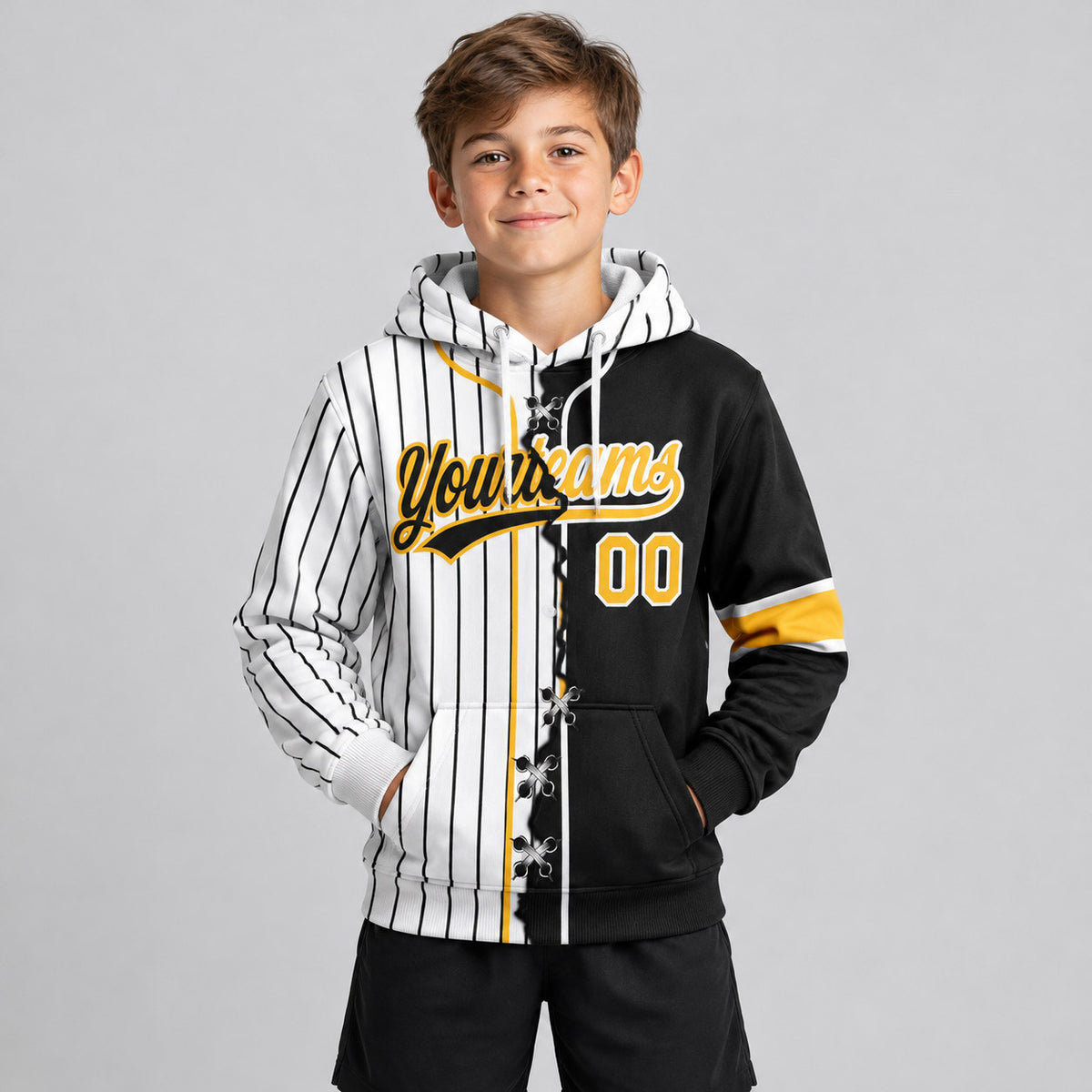 Custom White and Black Ripped Pinstripe Split Baseball Pullover Hoodie with Gold Lettering youth size worn by child model