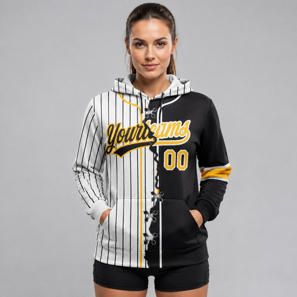 Custom White and Black Ripped Pinstripe Split Baseball Pullover Hoodie with Gold Lettering worn by female model