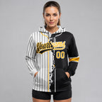 Custom White and Black Ripped Pinstripe Split Baseball Pullover Hoodie with Gold Lettering worn by female model