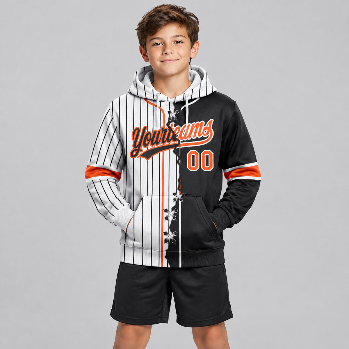 Custom White and Black Ripped Pinstripe Split Baseball Pullover Hoodie with Orange Lettering youth size worn by child model