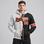 Custom White and Black Ripped Pinstripe Split Baseball Pullover Hoodie with Orange Lettering worn by male model