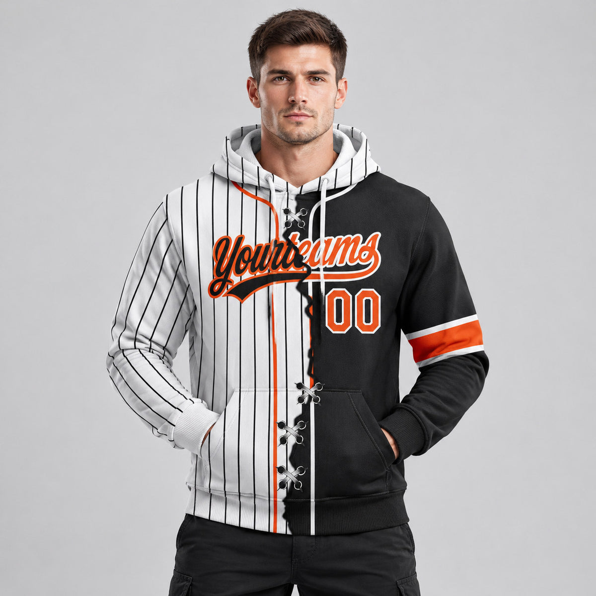 Custom White and Black Ripped Pinstripe Split Baseball Pullover Hoodie with Orange Lettering worn by male model