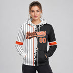 Custom White and Black Ripped Pinstripe Split Baseball Pullover Hoodie with Orange Lettering worn by female model