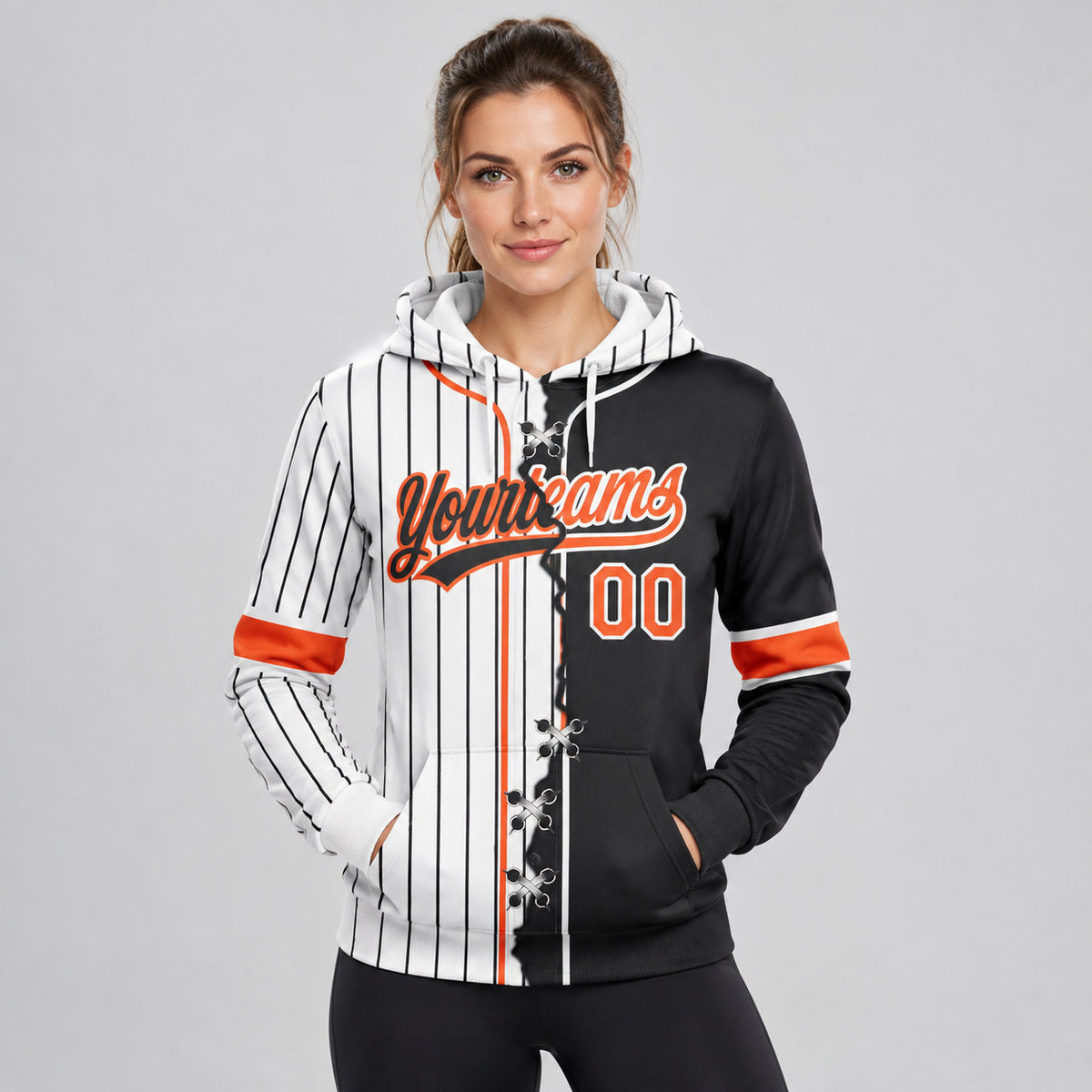 Custom White and Black Ripped Pinstripe Split Baseball Pullover Hoodie with Orange Lettering worn by female model
