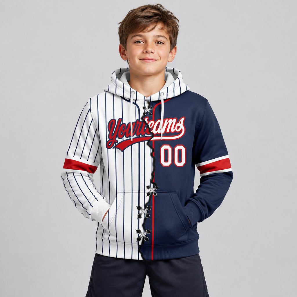 Custom White and Navy Ripped Pinstripe Split Baseball Pullover Hoodie with Red Lettering youth size worn by child model