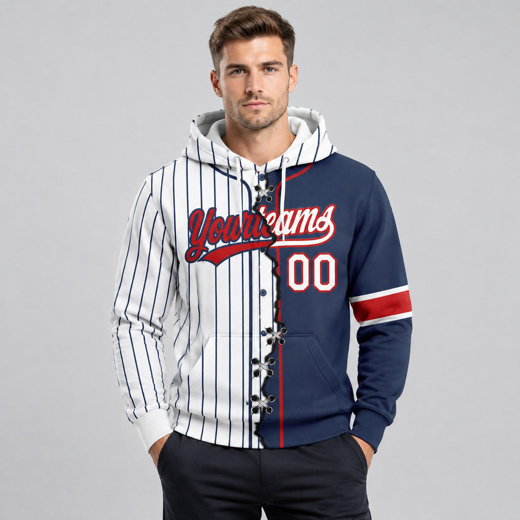 Custom White and Navy Ripped Pinstripe Split Baseball Pullover Hoodie with Red Lettering worn by male model