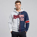 Custom White and Navy Ripped Pinstripe Split Baseball Pullover Hoodie with Red Lettering worn by male model