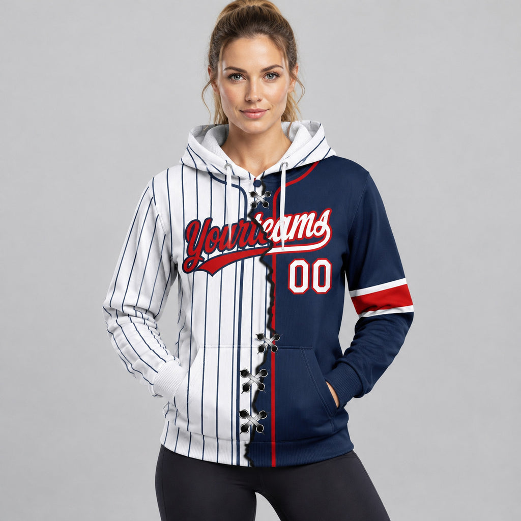 Custom White and Navy Ripped Pinstripe Split Baseball Pullover Hoodie with Red Lettering worn by female model