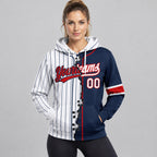 Custom White and Navy Ripped Pinstripe Split Baseball Pullover Hoodie with Red Lettering worn by female model