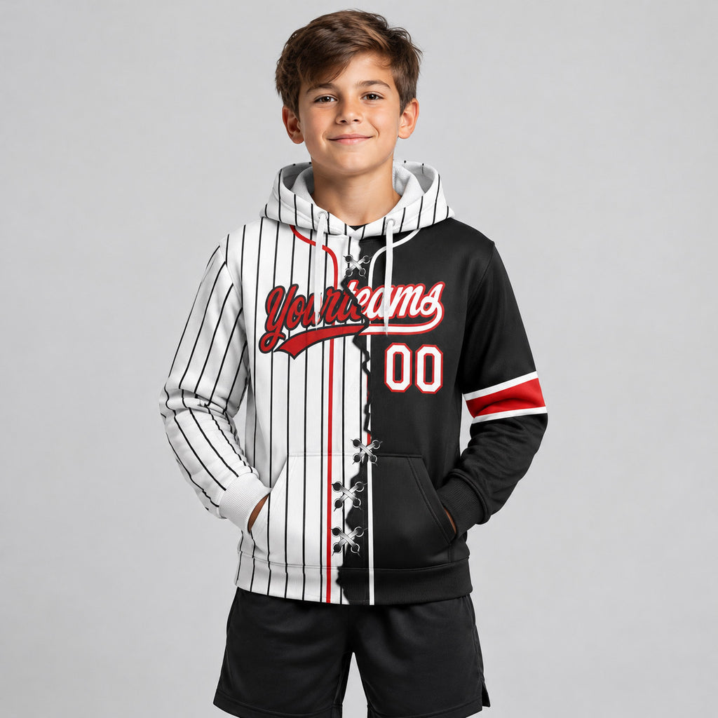 Custom White and Black Ripped Pinstripe Split Baseball Pullover Hoodie with Red Lettering youth size worn by child model