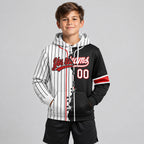 Custom White and Black Ripped Pinstripe Split Baseball Pullover Hoodie with Red Lettering youth size worn by child model