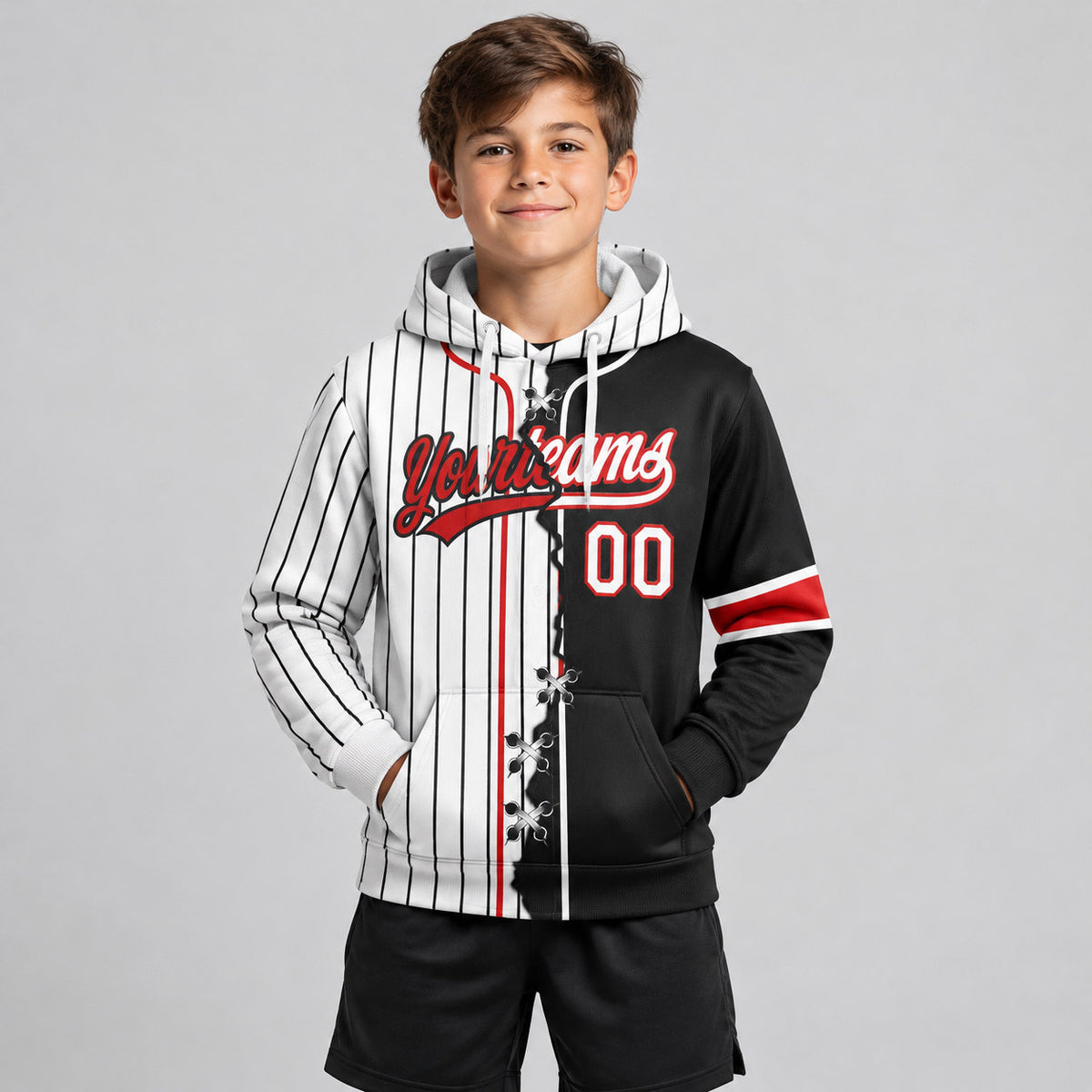 Custom White and Black Ripped Pinstripe Split Baseball Pullover Hoodie with Red Lettering youth size worn by child model