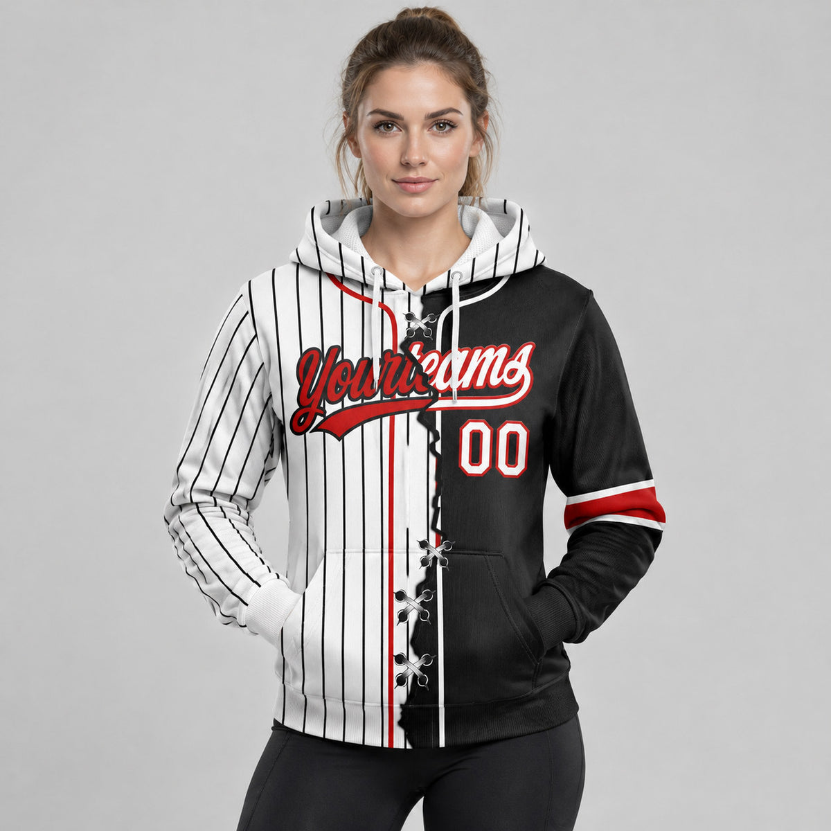 Custom White and Black Ripped Pinstripe Split Baseball Pullover Hoodie with Red Lettering worn by female model