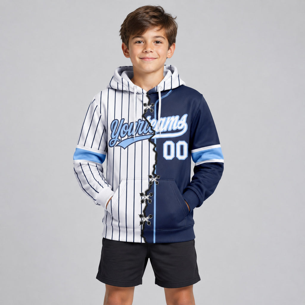 Custom White and Navy Ripped Pinstripe Split Baseball Pullover Hoodie with Light Blue Lettering youth size worn by child model