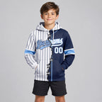 Custom White and Navy Ripped Pinstripe Split Baseball Pullover Hoodie with Light Blue Lettering youth size worn by child model