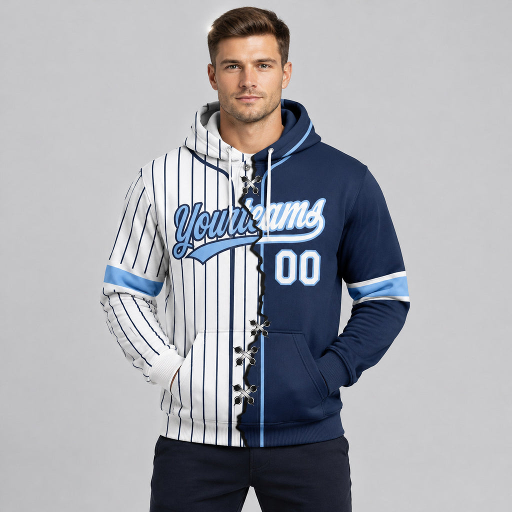Custom White and Navy Ripped Pinstripe Split Baseball Pullover Hoodie with Light Blue Lettering worn by male model